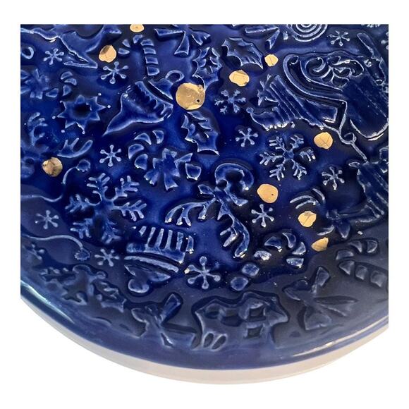 Snowflakes, Reindeer, Santa & Christmas Trees Pottery Ring Dish in Blue - Picture 3 of 7
